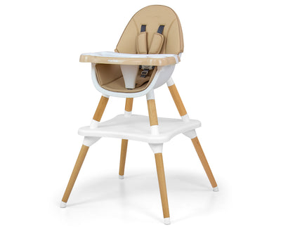 Beige värinen 2-in-1 ruokailutuoli, jossa on irrotettava pöytä.