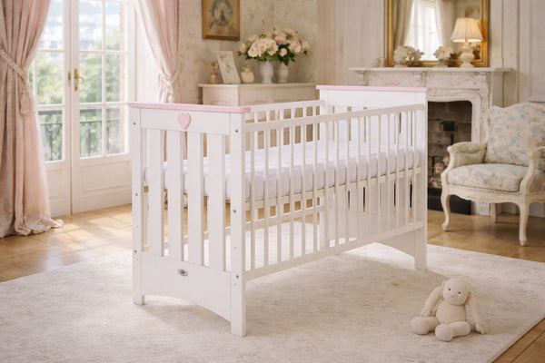 My Sweet Baby - Puinen pinnasänky 120x60 cm Lorenzo Iii valkoinen-vaaleanpunainen, purusuojalla
