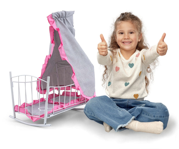 Puumateriaalinen Nuken Pinnasänky Katoksella Vaaleanpunainen