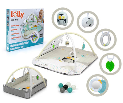 Mata Niemowlęca 5W1 Lolly Owl -pehmolelu, joka esittää pöllöä eri väreissä, kuvassa vaaleanpunainen ja harmaa. Pehmolelussa on erilaisia teksturoituja materiaaleja ja erilaisia ääniä.