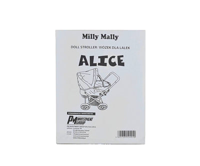 Milly Mally Alice Candy -nukkekärry vaaleanpunaisena. Kärryssä on korkea selkänoja, turvavyö ja pyörät.