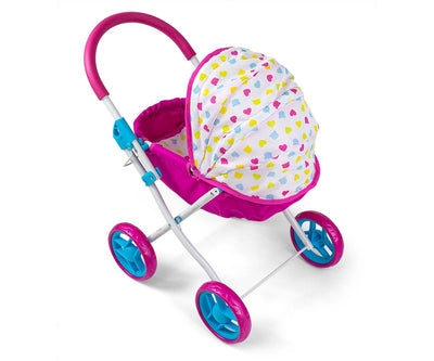 Milly Mally nukkekärry, malli Dori, väritys Candy. Kärryssä vaaleanpunainen runko ja vaaleanvioletti katos.