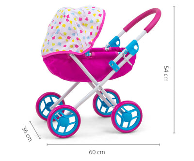 Milly Mally -nukenrattaat, malli Dori Candy. Vaaleanpunaiset nukenrattaat, joissa on kuvioitu kangasistuin ja metallirunko.