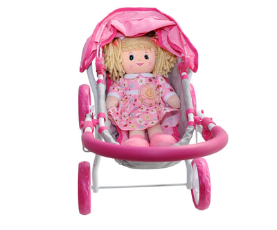 Milly Mally -nukkavaunutyylinen lastenrattaat, väriltään vaaleanpunainen, koristeltu kukkasilla ja sydämillä.