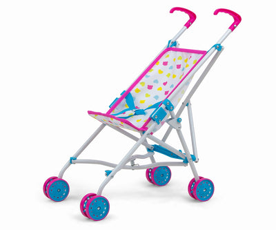Milly Mally -nukkekärry Julia Candy -mallistosta. Vaaleanpunainen nukkekärry, jossa on kääntyvät etupyörät ja istuinosa.