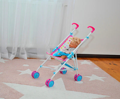 Milly Mally -merkkinen nukkumatti Julia Candy -nukkevaunut.harmaa ja vaaleanpunainen nukkevaunu, jossa on kääntyvät etupyörät ja säädettävä työntöaisa.