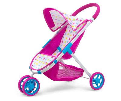 Milly Mally -nukkevaunu Susie Candy -malli. Vaaleanpunainen lastenvaunu, jossa on korkea kahva ja punaiset pyörät.