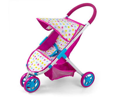 Milly Mally -nukkekärry Susie Candy -malli. Vaaleanpunainen nukkekärry, jossa on vaaleanpunaiset renkaat ja kuvioitu kangasosa.