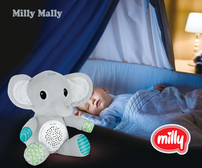 Milly Mally -merkkinen pehmolelu projektori lelu, joka on elefantin muotoinen.