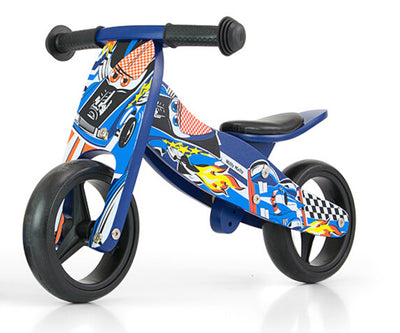 Milly Mally Ride-On 2in1 -ajoneuvo, sininen autoaiheinen, jossa on kääntyvä istuin ja ohjainpyörä.