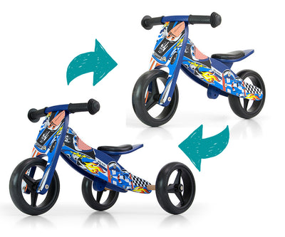 Sininen Milly Mally Ride-On 2in1 Jake -autolelu, jossa on autoaiheinen muotoilu ja kaksi eri käyttötarkoitusta.