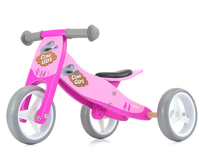 Milly Mally Ride-On 2-in-1 Jake Cowgirl -leikkiauto, jossa on pinkit ja ruskeat sävyt, pehmeä istuin ja ohjaustanko lapsen ajamista varten.
