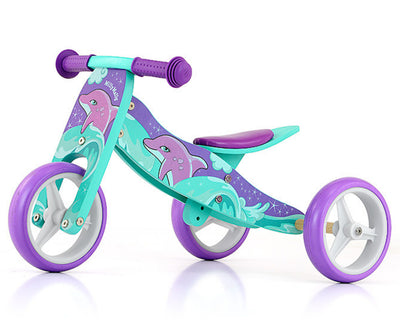 Milly Mally Ride On 2in1 Jake Dolphin -leikkiauto lapsille, sininen ja valkoinen väriyhdistelmä, hauska ja turvallinen leikkikokemus.