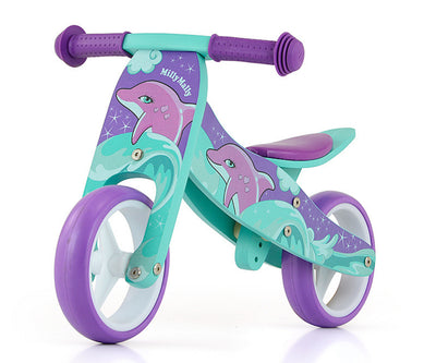 Kuva Milly Mally -merkkisestä Ride-On 2-in-1 Jake Dolphin -leikkiautosta, jossa on sininen istuin ja ohjauspyörä.