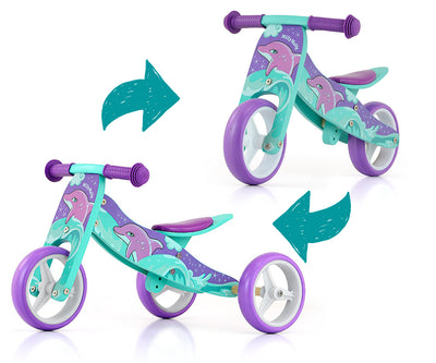 Milly Mally Ride-On 2in1 -leikkiauto, jossa on delfiinimuotoilu.