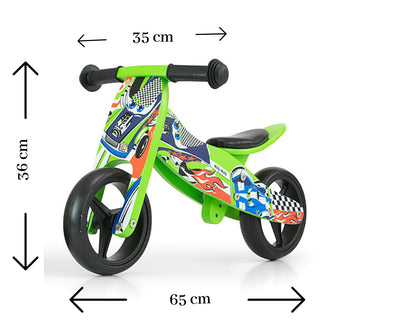 Milly Mally Ride-On 2-in-1 -lastenajoneuvo, vihreä autoaiheinen design.