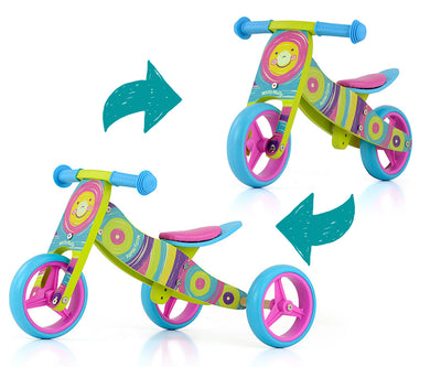Milly Mally Ride On 2in1 -leikkiauto, jossa on sateenkaaren värinen istuin ja ohjauspyörä.