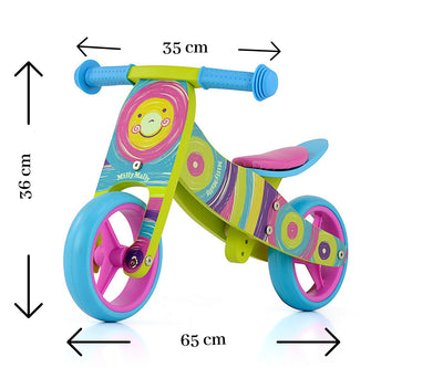 Milly Mally Ride-On 2in1 Jake Rainbow -tasapainopyörä lapsille, jossa värikkäät sateenkaaren sävyt ja ergonominen muotoilu.