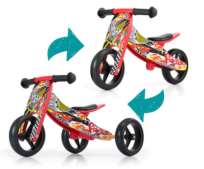 Milly Mally Ride-On 2in1 -leikkiauto, punainen auto, jossa on hauska auton muotoilu ja kaksi erilaista käyttömahdollisuutta.
