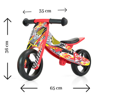 Milly Mally Ride-On 2in1 Jake -punaisessa autossa on autoaiheinen ulkoasu ja se toimii sekä keinuna että kärrynä.