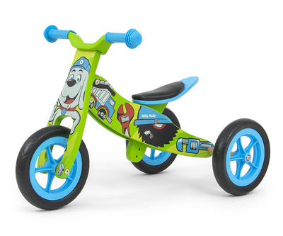 Milly Mally Ride-On 2in1 -leluauto, jossa on sininen istuin, punainen ohjauspyörä ja neljä pyörää.