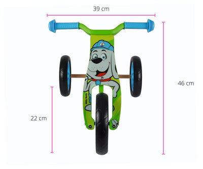Milly Mally Ride-On -tuote, jossa yhdistyy potkupyörä ja kärry. Tuote on punainen ja siinä on neljä pyörää, ohjaustanko ja istuin.