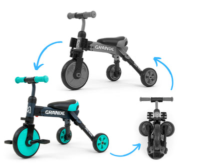 Milly Mally Ride-On Bike 2in1 Grande -minttuvärinen lapsille tarkoitettu ajoneuvo, joka toimii sekä potkupyöränä että kolmipyöräisenä polkupyöränä.