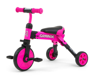 Milly Mally Ride-On Bike 2in1 Grande -pinkki polkupyörä, jossa on turvakaari ja työntöaisa.