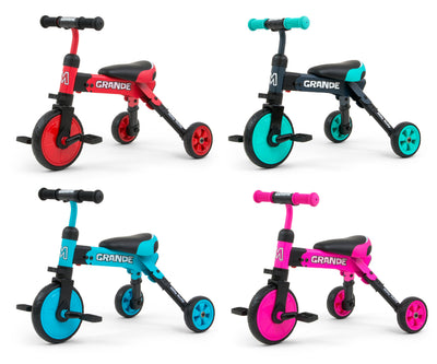 Milly Mally Ride-On Bike 2-in-1 Grande -pinkki. Lasten polkupyörä, jossa on säädettävä istuin ja työntöaisa. Tuotteen väri on pinkki.