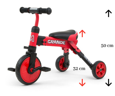 Milly Mally Ride-On Bike 2in1 Grande -punainen, lasten tasapainopyörä ja potkupyörä yhdessä.