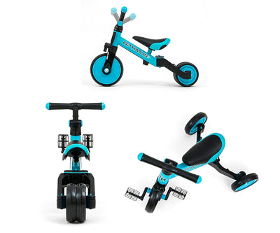Milly Mally Ride-On Bike 3-in-1 -ajoneuvo, jossa sininen runko ja keltaiset yksityiskohdat.
