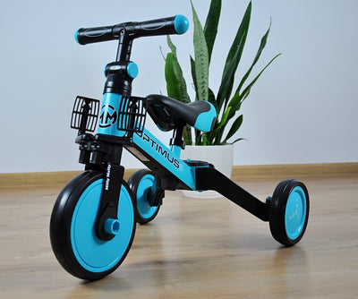 Milly Mally Ride-On Bike 3in1 -ajoneuvo, Optimus Blue -väritys. Tässä monikäyttöisessä ajoneuvossa on kolme eri käyttömuotoa, joka sopii lapsille eri kehitysvaiheissa. Sininen väri.