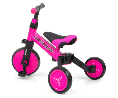 Milly Mally Ride-On Bike 3in1 Optimus Pink -vaaleanpunainen kolmipyöräinen lasten ajoneuvo.