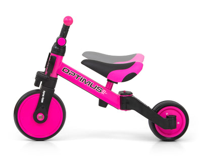 Milly Mally Ride-On Bike 3in1 Optimus Pink -lasten polkupyörä. Tuote on vaaleanpunainen ja siinä on kolme eri käyttövaihtoehtoa lapsen kasvaessa.