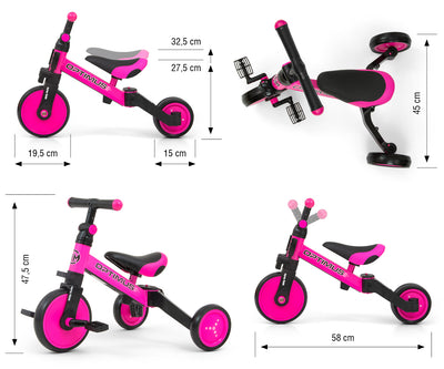 Milly Mally Ride On Bike 3in1 Optimus -pinkki kolmipyöräinen polkupyörä lapselle.