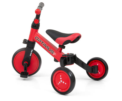Milly Mally Ride-On Bike 3in1 Optimus Red -kolmipyöräinen lapsille, jossa punainen runko ja mustat yksityiskohdat.