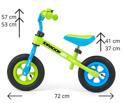 Milly Mally -merkkinen kävely- ja potkupyörä lapsille. Vihreä ilmakumirenkailla ja lohikäärmeaiheisella designilla.