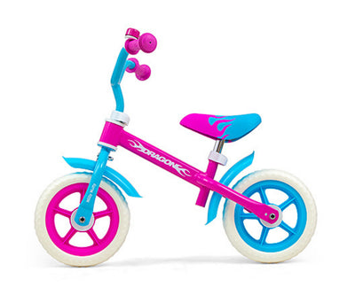 Milly Mally -merkkinen pinkkiä ja violetin sävyä oleva lasten tasapainopyörä, jossa on lohikäärmeaiheinen design.