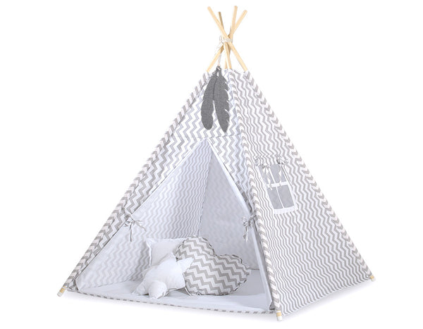 Bobono - Lasten tipi-teltta + leikkimatto + tyynyt + koristehöyhenet - Chevron harmaa