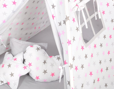 Leikkiteltta + Pehmuste - Pink Stars/Grey