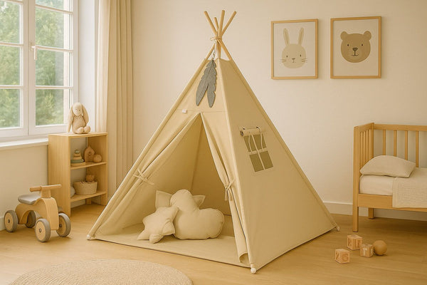 Baby Products - Lasten tiipii-teltta + leikkimatto + tyynyt + koristehöyhenet - beige