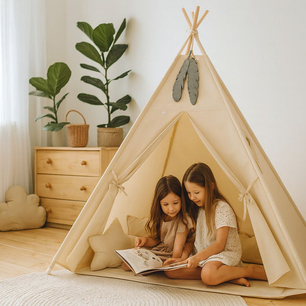 Baby Products - Lasten tiipii-teltta + leikkimatto + tyynyt + koristehöyhenet - beige