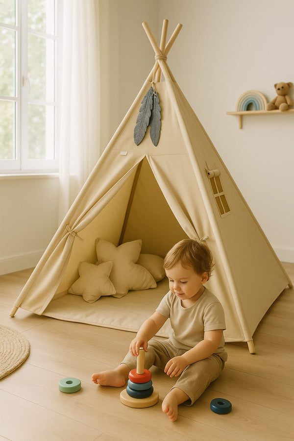 Baby Products - Lasten tiipii-teltta + leikkimatto + tyynyt + koristehöyhenet - beige