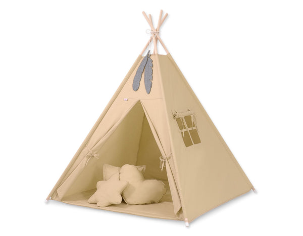 Baby Products - Lasten tiipii-teltta + leikkimatto + tyynyt + koristehöyhenet - beige