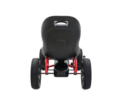 Musta Pedal Go-Kart Abarth -polkuauto, jossa on punaiset ja valkoiset yksityiskohdat.