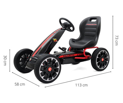 Musta Abarth-polkutraktori, jossa on punaiset yksityiskohdat ja istuin.