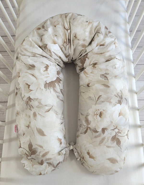 Bobono - Raskaustyyny pidempi, irrotettava tyynyliina, pionit beige