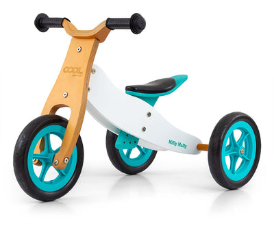 Kuvassa on Cool Classic Mint -sävyinen 2-in-1 lapsille tarkoitettu potkupyörä-automaatti. Potkupyörä-automaatissa on kaksi pyörää, istuin ja ohjaustanko.