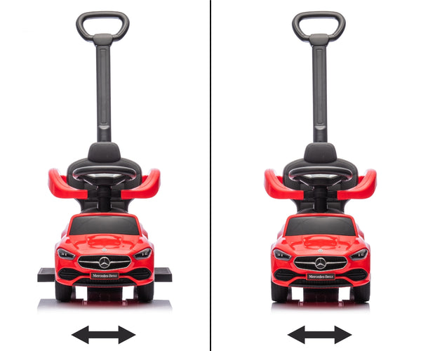 Punainen metallinen lasten ajettava auto rullilla ja työntöaisalla