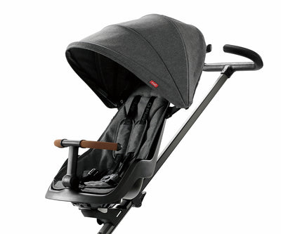Qplay Easy -lastenvaunut 3-in-1 harmaana, tuotteen eri osat aseteltuna vaunun rungon ympärille.